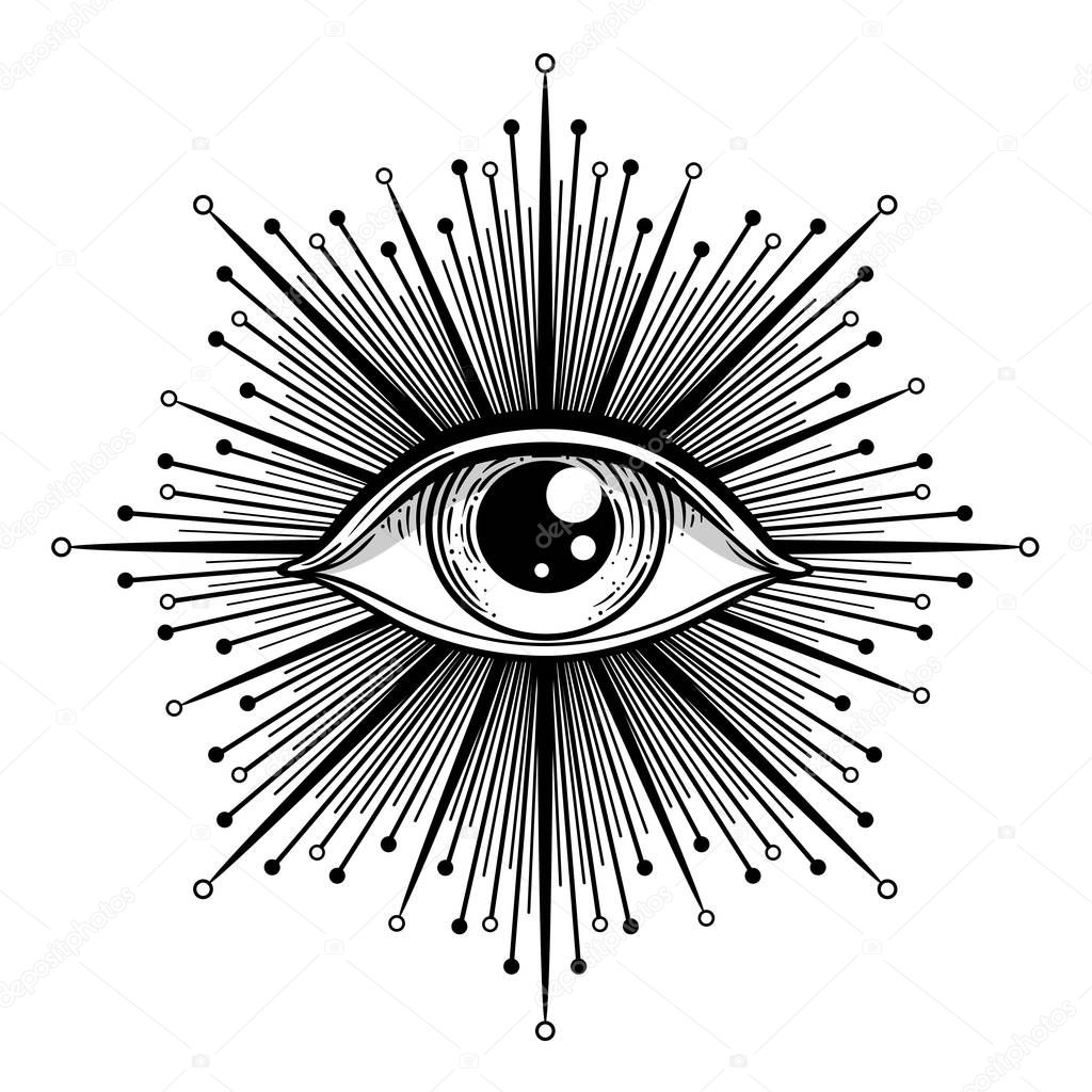 Blackwork tattoo flash. Eye of Providence. Masonic symbol. All seeing eye inside triangle pyramid. New World Order. Sacred geometry, religion, spirituality, occultism. Isolated vector illustration.