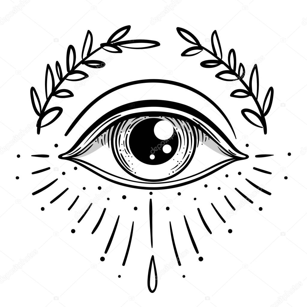 Blackwork tattoo flash. Eye of Providence. Masonic symbol. All seeing eye inside triangle pyramid. New World Order. Sacred geometry, religion, spirituality, occultism. Isolated vector illustration.