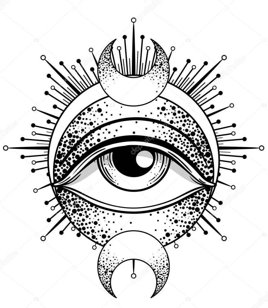 Blackwork tattoo flash. Eye of Providence. Masonic symbol. All seeing eye inside triangle pyramid. New World Order. Sacred geometry, religion, spirituality, occultism. Isolated vector illustration.