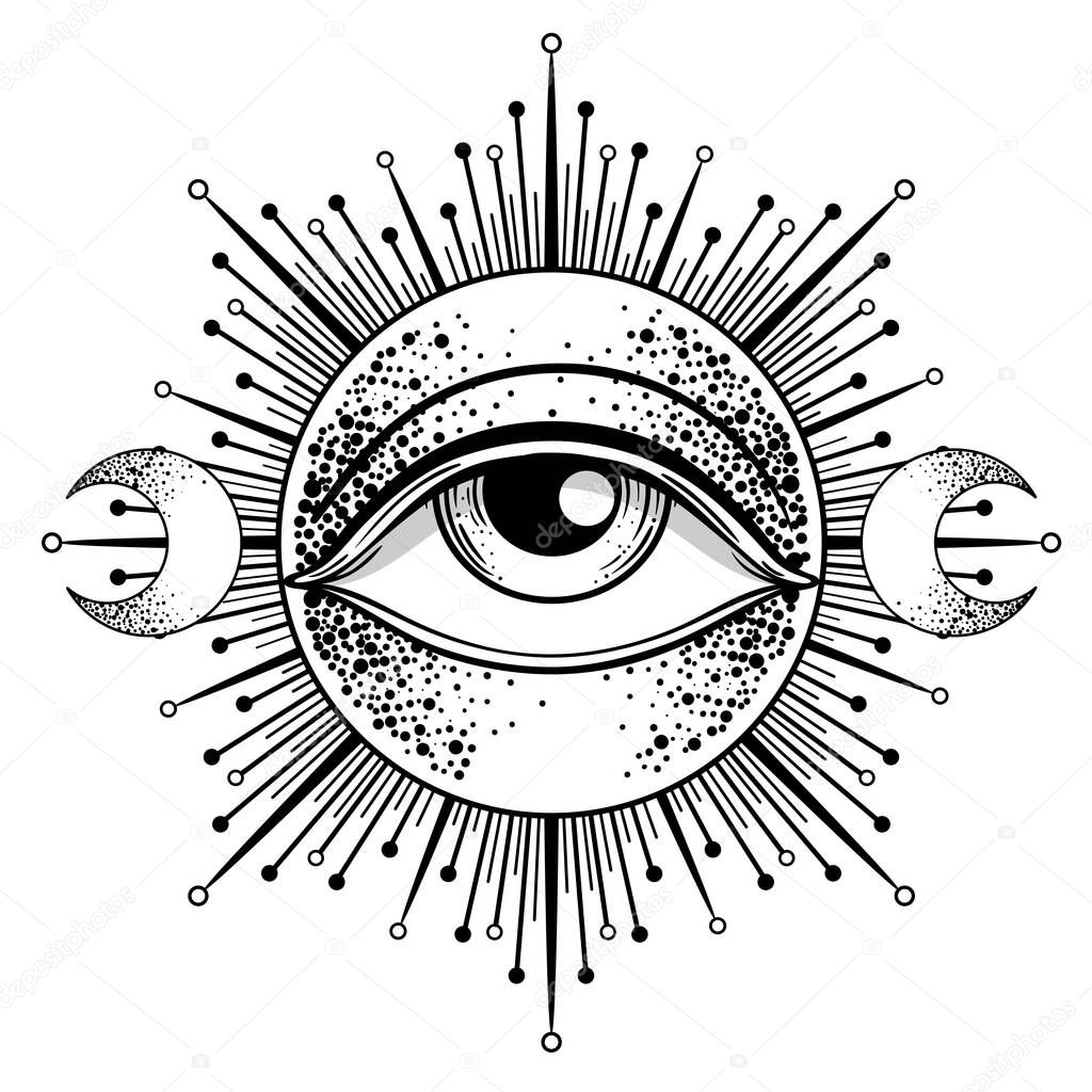 Blackwork tattoo flash. Eye of Providence. Masonic symbol. All seeing eye inside triangle pyramid. New World Order. Sacred geometry, religion, spirituality, occultism. Isolated vector illustration.