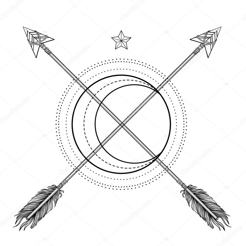 Vettoriale stockFlash tatuaggio blackwork. Geometria sacra, freccia e luna.  Altamente di ©vgorbash #311038668, image size:1023x1023