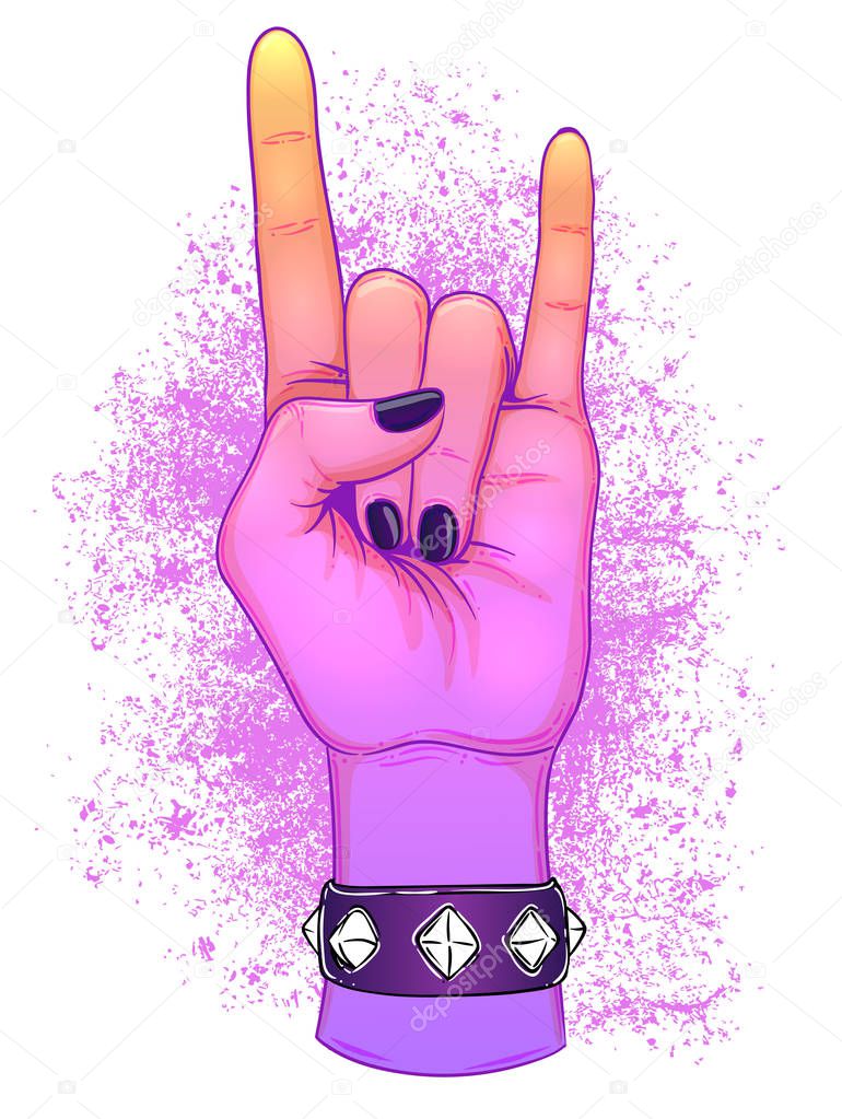 Rock and roll sign. Hand drawn illustration of human hand showing sign of the horns. Gesture of Heavy metal culture.  Raised hand as a rock and roll sign.