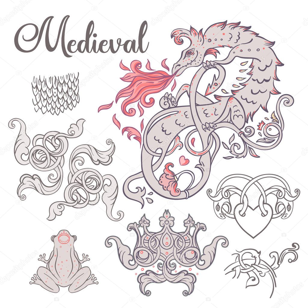 Medieval style elements set. Mythological magic beast Basilisk, 