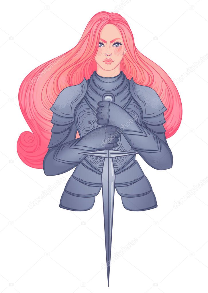 Portrait of beautiful girl with a sword. Female knight in armour. Vector illustration. Medieval aesthetics. Girl power. Joan of Arc inspired. Sticker, patch, t-shirt print, logo design.