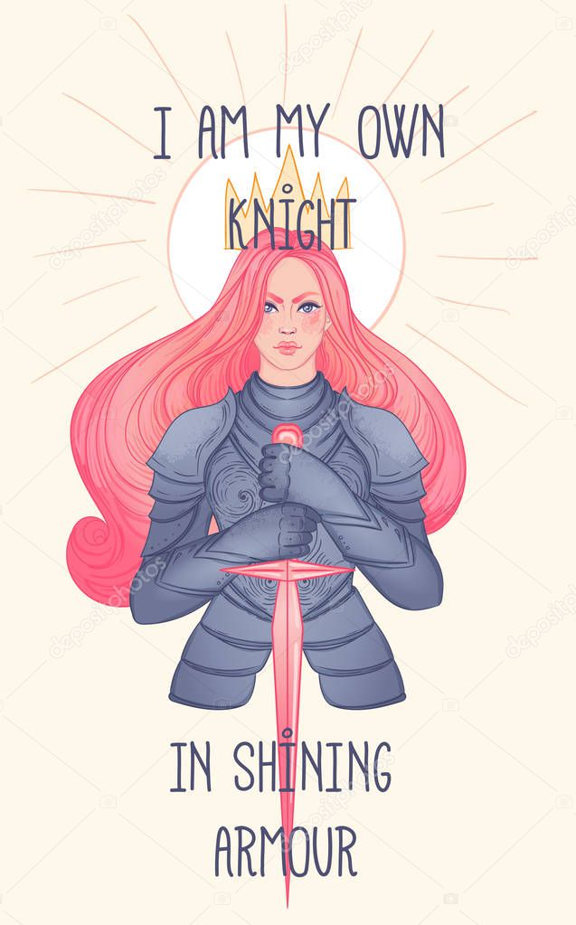 Portrait of beautiful girl with a sword. Female knight in armour. Vector illustration. Medieval aesthetics. Girl power. Joan of Arc inspired. Sticker, patch, t-shirt print, logo design.