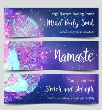 Yoga kartı tasarımı. Ruhani geri çekilme ya da yog için renkli şablon