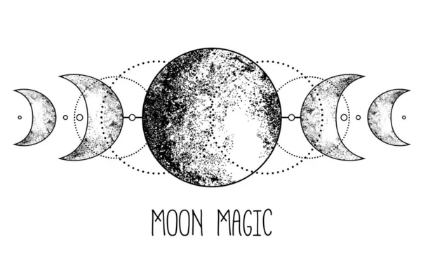 Triple luna pagana Wicca símbolo de la diosa luna. Diosa de tres caras — Vector de stock