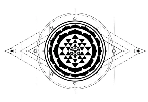 신비 스러운 다이어그램의 형태인 스리랑카 얀트라 (Sri Yantra) 또는 스리랑카 차크라 (Sri Chakra), SHRI 열 성 — 스톡 벡터