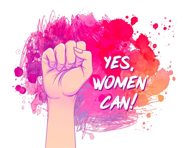 Ano, ženy mohou. Ženská ruka se zvednutou pěstí nad vodu — Stockový vektor