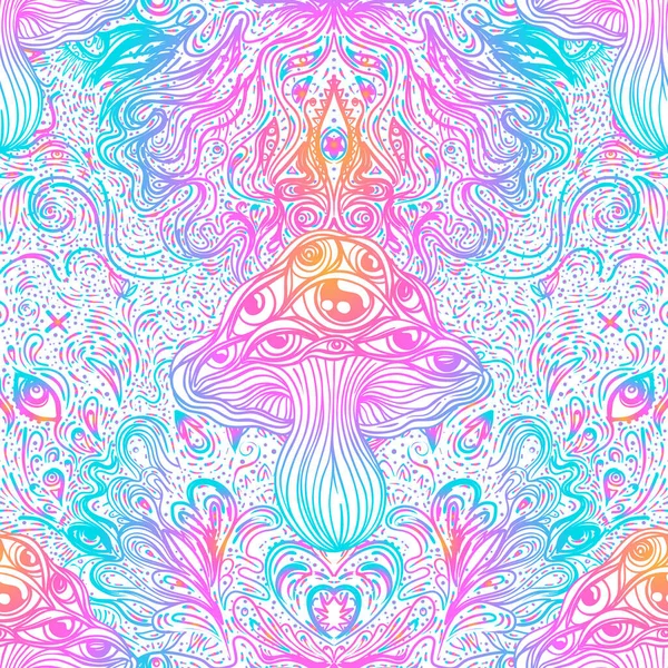 Magic mushrooms. Psychedelic hallucination. Vibrant vector illustration. 60s style colorful art. — 스톡 벡터