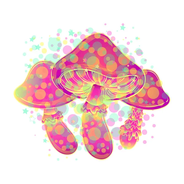 Cogumelos mágicos. Alucinação psicadélica. Ilustração vetorial vibrante. Arte colorida hippie dos anos 60 em cores góticas pastel rosa isoladas em branco . —  Vetores de Stock