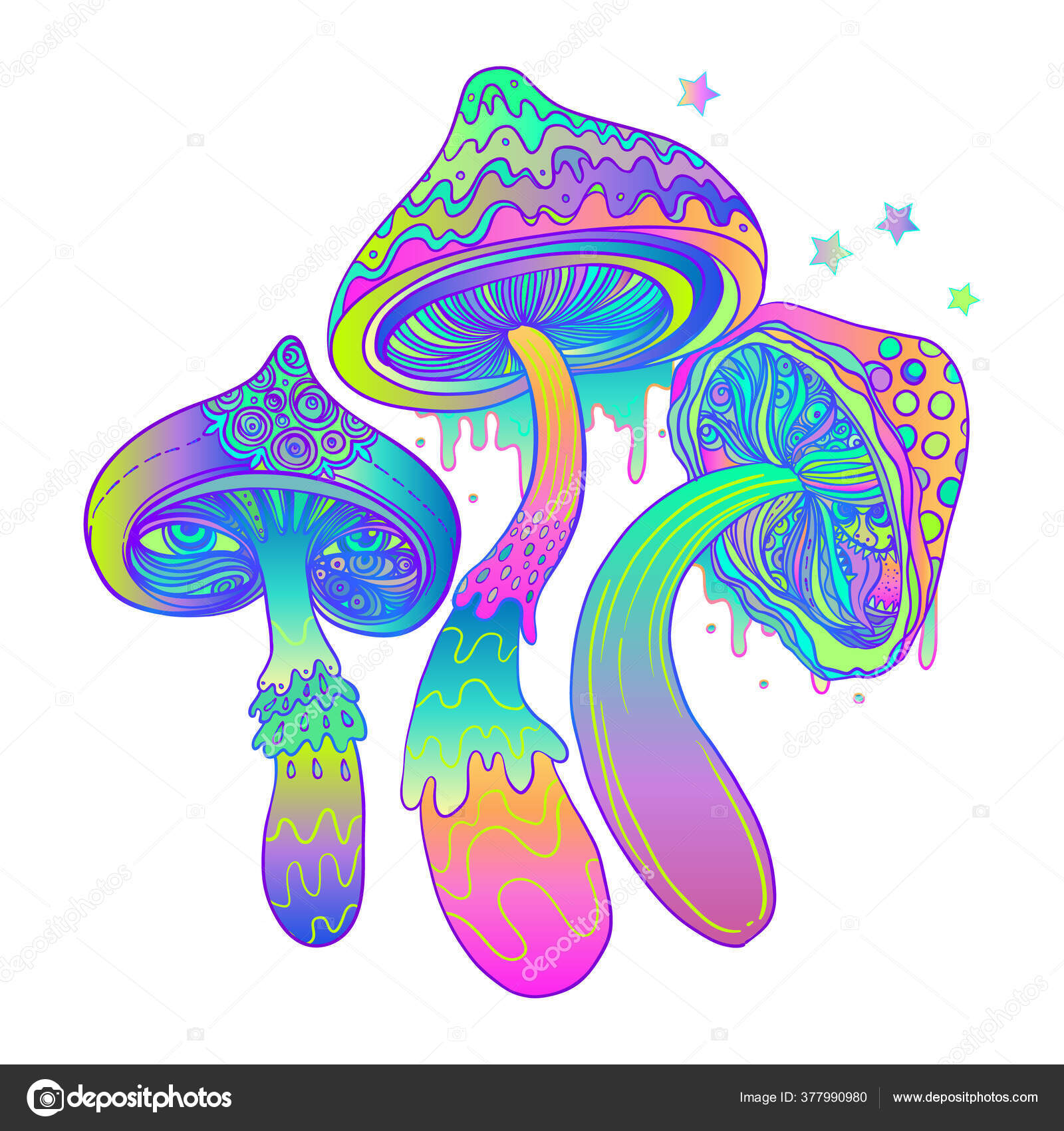 Magic mushrooms. Psychedelic hallucination. Vibrant vector illustration