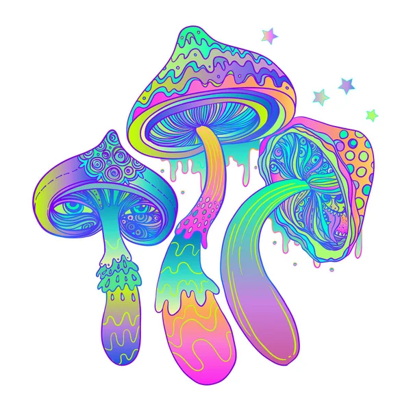 Magic mushrooms. Psychedelic hallucination. Vibrant vector illustration. 60s hippie colorful art in pink pastel goth colors isolated on white. — Stock Vector