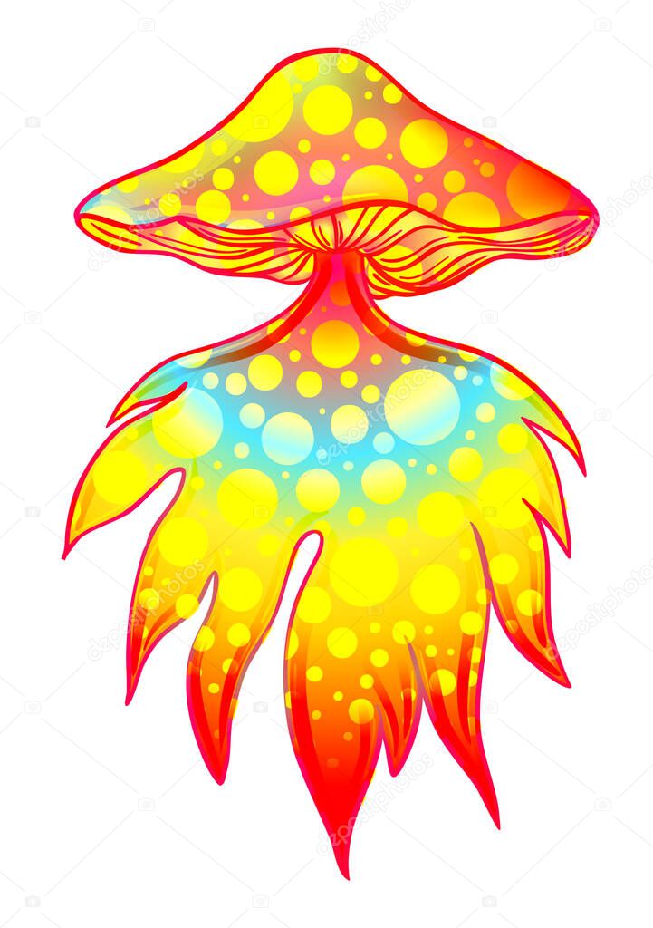 Magic mushrooms. Psychedelic hallucination. Vibrant vector illustration. 60s hippie colorful art in pink pastel goth colors isolated on white.