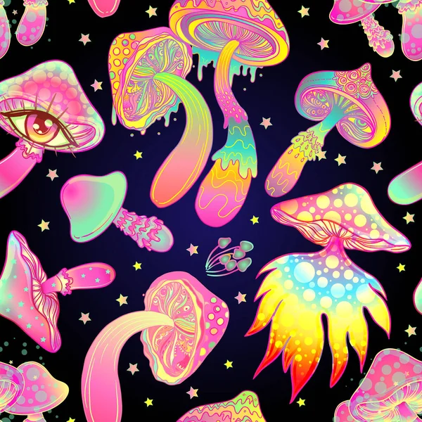 Magic mushrooms. Psychedelic hallucination. Vibrant vector illustration. — Stock Vector