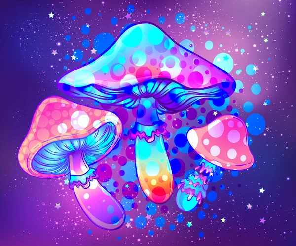 Magic mushrooms over sacred geometry. Psychedelic hallucination. Vibrant vector illustration. — Stock Vector