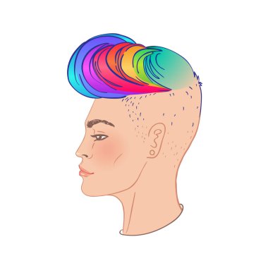 Gökkuşağı saçlı Stosck-500x500-1ALGBT çalışanı. İkili olmayan Kafkasyalı kişi. Gay Gururu. LGBTQ konsepti. Beyaz vektör renkli illüstrasyonda izole edilmiş.