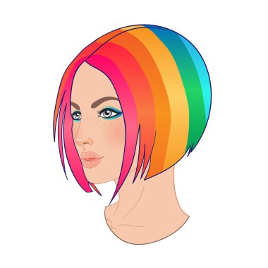 Gökkuşağı saçlı LGBT çalışanı. Dişi kız ya da trans insan. Gay Gururu. LGBTQ konsepti. İzole vektör renkli illüstrasyon.