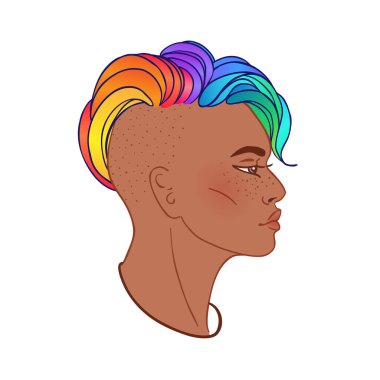 Gökkuşağı saçlı LGBT çalışanı. İkili olmayan Afro-Amerikan kişi. Gay Gururu. LGBTQ konsepti. Beyaz renkli illüstrasyonda izole vektör.