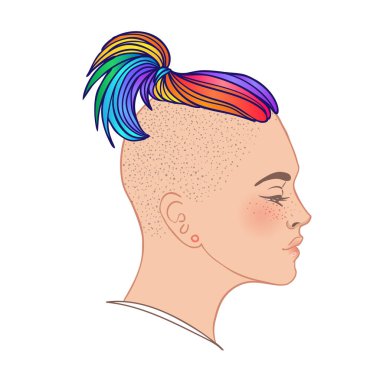 Gökkuşağı saçlı Stosck-500x500-1ALGBT çalışanı. İkili olmayan Kafkasyalı kişi. Gay Gururu. LGBTQ konsepti. Beyaz vektör renkli illüstrasyonda izole edilmiş.