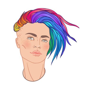 Gökkuşağı saçlı Stosck-500x500-1ALGBT çalışanı. İkili olmayan Kafkasyalı kişi. Gay Gururu. LGBTQ konsepti. Beyaz vektör renkli illüstrasyonda izole edilmiş.