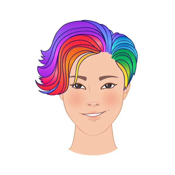 Orang LGBT dengan rambut pelangi. Orang Asia non-biner. Kebanggaan Gay. Konsep LGBTQ. Terisolasi pada vektor putih penuh warna ilustrasi. - Stok Vektor