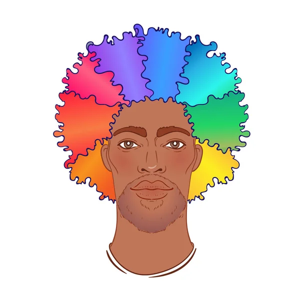 Gökkuşağı saçlı, sakallı bir LGBT çalışanı. Afrikalı Amerikalı adam. Gay Gururu. LGBTQ konsepti. İzole vektör renkli illüstrasyon. — Stok Vektör