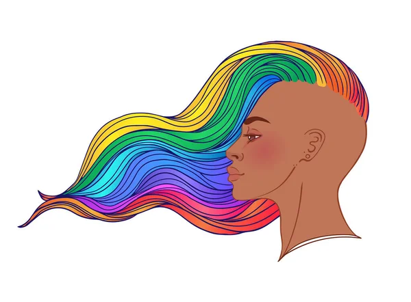 Persona LGBT con el pelo del arco iris. Persona afroamericana no binaria. Orgullo Gay. Concepto LGBTQ. Vector aislado en la ilustración colorida blanca . — Vector de stock