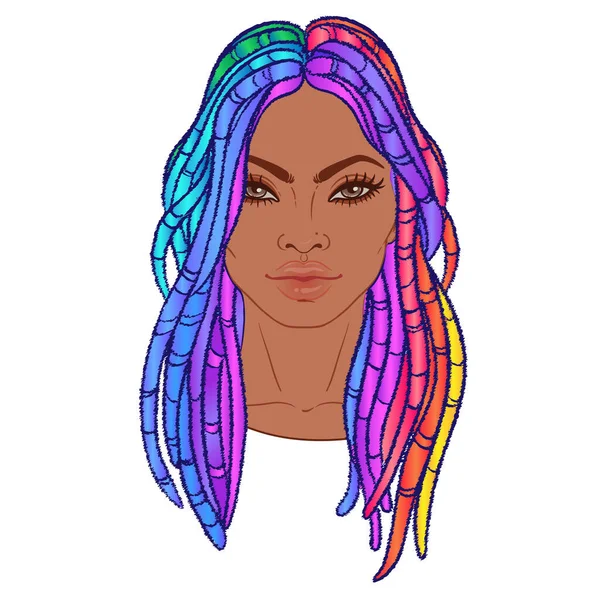 Persona LGBT con el pelo del arco iris. Mujer afroamericana con rastas Gay Pride. Concepto LGBT. Aislado en la ilustración colorida vector blanco . — Vector de stock