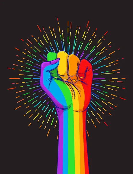 LGBT poster design. Rainbow fist raised up. Gay Pride. LGBTQ concept. Isolated vector colorful illustration. Sticker, greeting card, banner. — Stock Vector