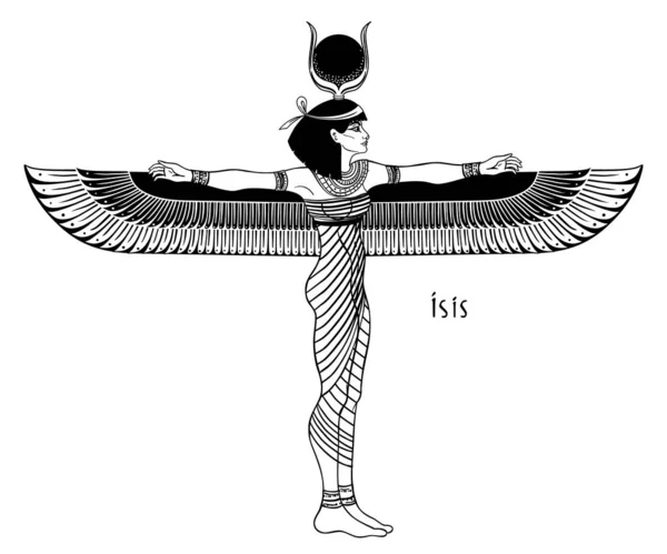 Isis, déesse de la vie et de la magie dans la mythologie égyptienne. L'une des plus grandes déesses de l'Egypte ancienne, protège les femmes, les enfants, guérit les malades. Illustration vectorielle sur fond vieilli. — Image vectorielle