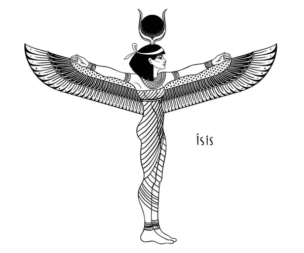 Isis, godin van het leven en magie in de Egyptische mythologie. Een van de grootste godinnen van het oude Egypte, beschermt vrouwen, kinderen, geneest zieken. Vector illustratie over verouderde achtergrond. — Stockvector