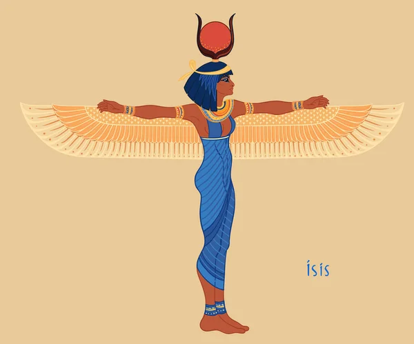 Isis, goddess of life and magic in Egyptian mythology. One of the greatest goddesses of Ancient Egypt, protects women, children, heals sick. Vector illustration over aged background. — Stock Vector