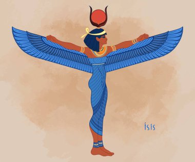 Isis, Mısır mitolojisindeki yaşam ve büyü tanrıçası. Antik Mısır 'ın en büyük tanrıçalarından biri, kadınları, çocukları korur, hastaları iyileştirir. Yaş arkaplanı üzerinden vektör illüstrasyonu.