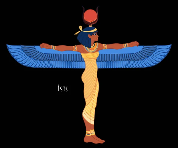 Isis, Göttin des Lebens und der Magie in der ägyptischen Mythologie. Eine der größten Göttinnen des alten Ägypten, beschützt Frauen, Kinder, heilt Kranke. Vektorillustration über den alternden Hintergrund. — Stockvektor