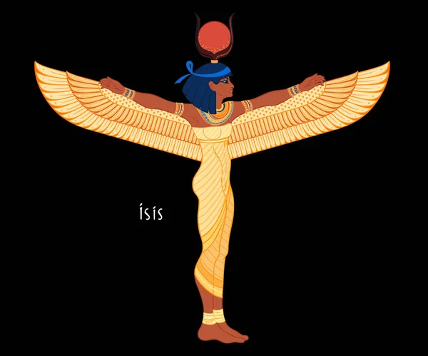 Isis, diosa de la vida y la magia en la mitología egipcia. Una de las más grandes diosas del Antiguo Egipto, protege a las mujeres, a los niños, sana enfermos. Ilustración vectorial sobre fondo envejecido. — Vector de stock