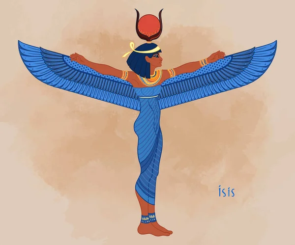 Isis, diosa de la vida y la magia en la mitología egipcia. Una de las más grandes diosas del Antiguo Egipto, protege a las mujeres, a los niños, sana enfermos. Ilustración vectorial sobre fondo envejecido. — Vector de stock