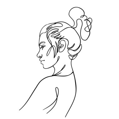 Genç ve güzel bir kadının soyut portresi. Sürekli bir çizgi izole edildi. Basit modern biçimdeki vektör illüstrasyonu.