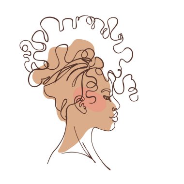 Genç Afrikalı Amerikalı bir kadının soyut portresi. Sürekli bir çizgi izole edildi. Basit modern biçimdeki vektör illüstrasyonu.