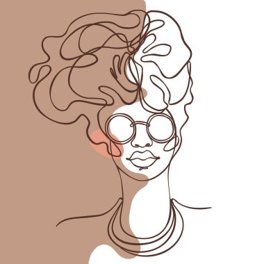 Genç Afrikalı Amerikalı bir kadının soyut portresi. Sürekli bir çizgi izole edildi. Basit modern biçimdeki vektör illüstrasyonu.