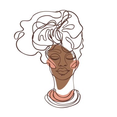 Genç Afrikalı Amerikalı bir kadının soyut portresi. Sürekli bir çizgi izole edildi. Basit modern biçimdeki vektör illüstrasyonu.