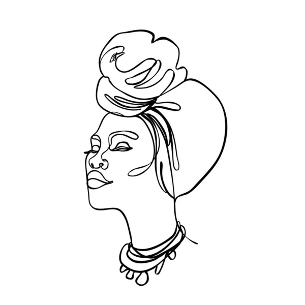 Genç Afrikalı Amerikalı bir kadının soyut portresi. Sürekli bir çizgi izole edildi. Basit modern biçimdeki vektör illüstrasyonu. — Stok Vektör