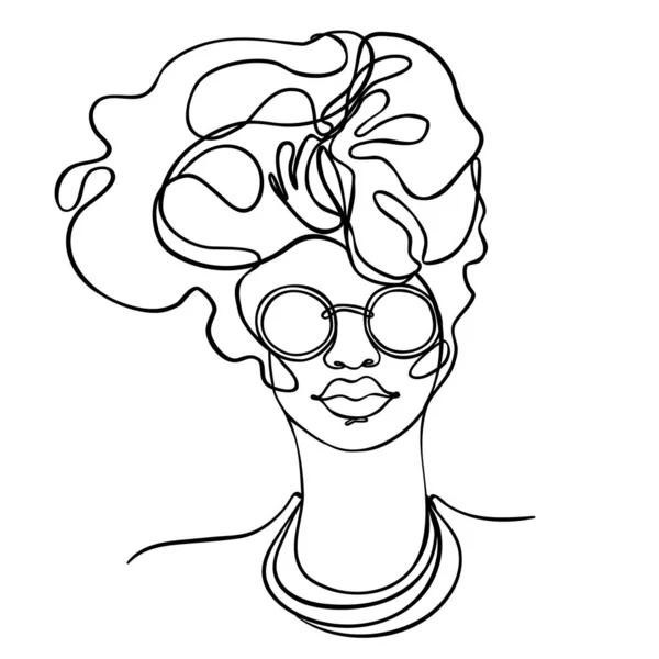 Abstrakt porträtt av ung afroamerikansk kvinna. Kontinuerlig en linje ritning isolerad. Vektor illustration i enkel modern stil. — Stock vektor