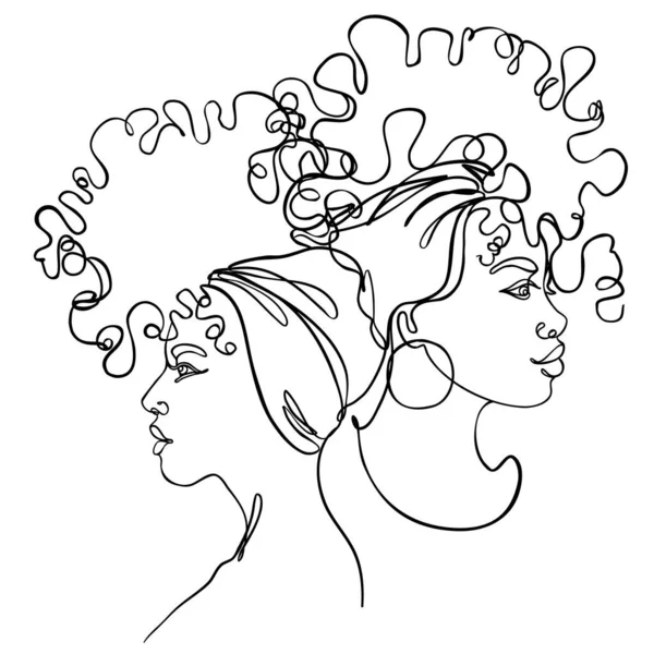 Retrato abstrato de duas jovens afro-americanas. Amigos, irmãs ou casal. Desenho contínuo de uma linha isolado. Ilustração vetorial em estilo moderno simples . — Vetor de Stock