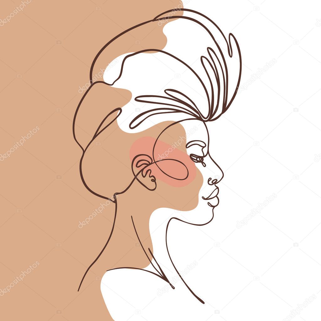 Abstract portrait of young African American woman. Continuous one line drawing isolated. Vector illustration in simple modern style.
