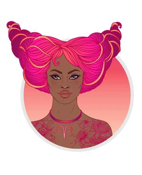 Ilustración de Aries signo astrológico como una hermosa chica afroamericana. Ilustración vectorial del zodíaco aislada en blanco. Futuro de contar, horóscopo, moda mujer negra . — Vector de stock