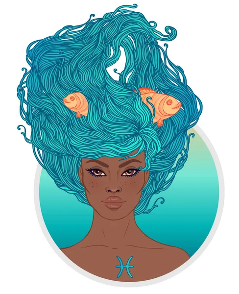 Ilustración de Piscis signo astrológico como una hermosa chica afroamericana. Ilustración vectorial del zodíaco aislada en blanco. Futuro de contar, horóscopo, moda mujer negra . — Archivo Imágenes Vectoriales