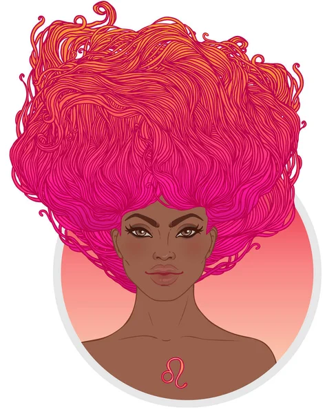 Ilustración de Leo signo astrológico como una hermosa chica afroamericana. Ilustración vectorial del zodíaco aislada en blanco. Futuro de contar, horóscopo, moda mujer negra . — Vector de stock