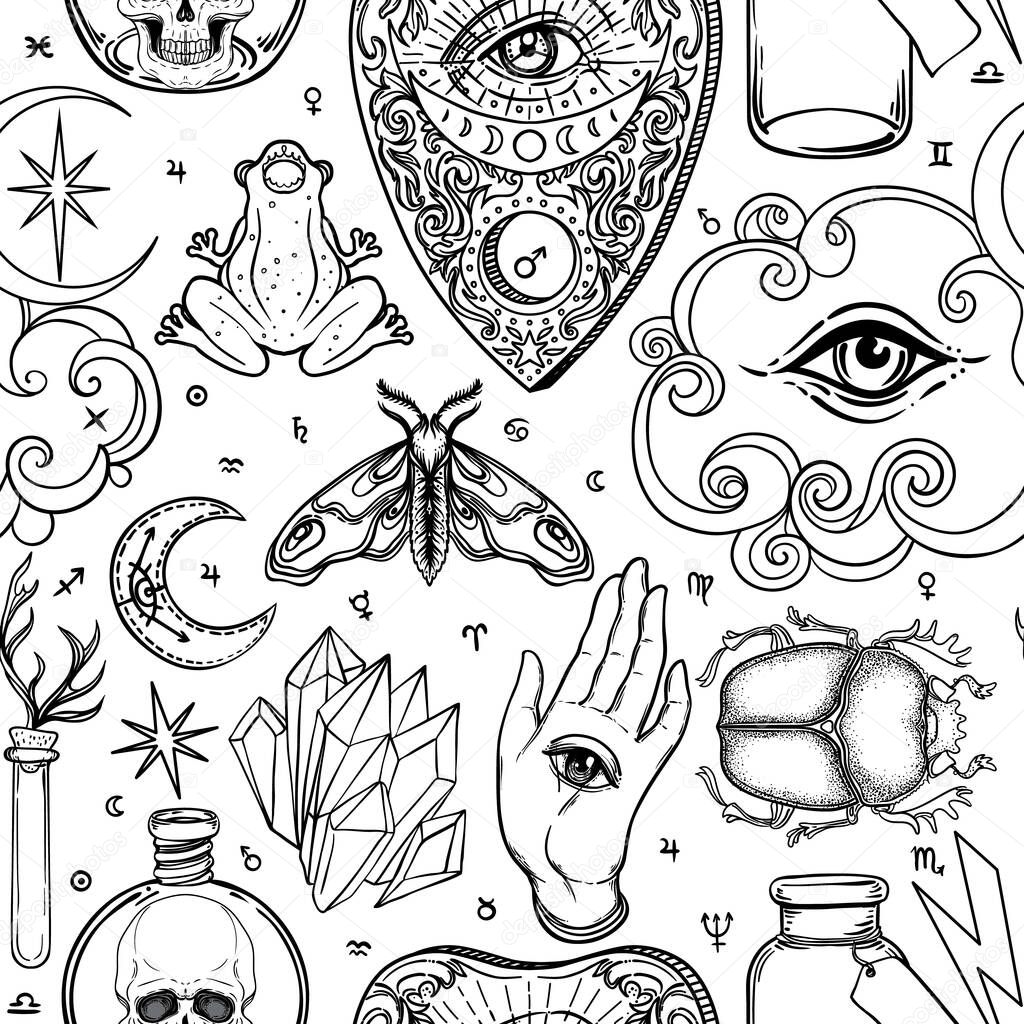 Mystic, magic, background. Religion and the occultism with esoteric and masonic symbols. Medieval manuscript inspired. Vector seamless pattern. Repeating Trendy stylish texture.