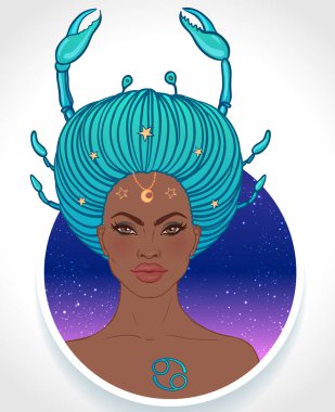Güzel bir Afro-Amerikan kızı olarak Kanser burcunun çizimi. Zodiac vektör çizimi beyaza izole edildi. Gelecek anlatımı, yıldız falı, moda siyahi kadın.